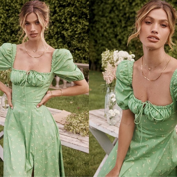 House Of Cb Tallulah Puff Sleeve Midi Dress Olive Floral Green Small - Picture 1 of 8